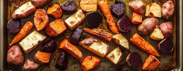 Organic roasted root vegetables including sweet potatoes, carrots, and beets, on a baking sheet