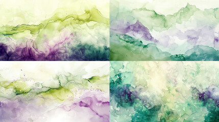 Watercolor smooth wash, soft greens and purples of artistic abstracts, creating a dreamy and modern effect