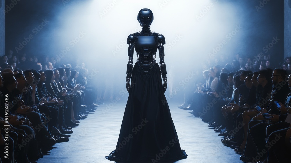 Poster a robot is walking down a runway in front of a crowd of people