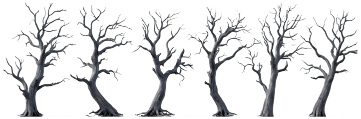 A high-resolution illustration of several dead trees, each depicted in different shapes and forms, isolated on a transparent background. 