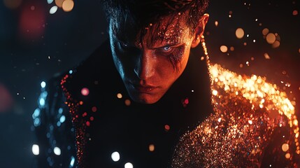 Charismatic Performer in Dazzling Jacket: A Striking Poster for Sports Interiors, Capturing Emotion and Sparkling Ambiance in a Darkened Scene