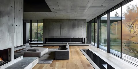 Fototapeta premium Modern Concrete Home Interior Design With Large Windows