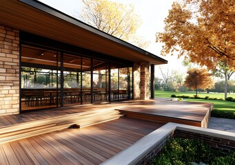 Fototapeta premium Modern Glass and Wood House with a Patio