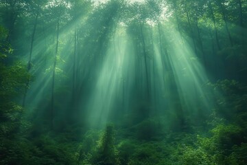 Fototapeta premium misty emerald forest bathed in soft ethereal light sunbeams pierce canopy creating magical atmosphere