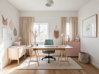 A Scandinavian-style home office featuring a light wood desk, pastel-colored accessories, and minimalist decor.