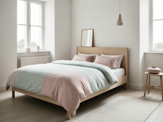 A serene Scandinavian bedroom with a pastel-colored duvet cover, light wood bed frame, and minimalistic decor.