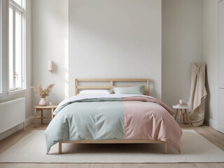 A serene Scandinavian bedroom with a pastel-colored duvet cover, light wood bed frame, and minimalistic decor.