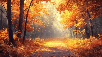 Fototapeta premium Golden Autumn Forest Path with Sunlight