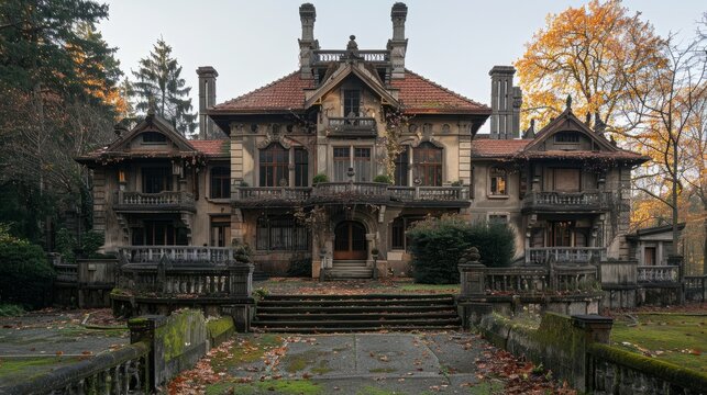 Abandoned historic mansion surrounded by autumn foliage in a secluded forest - Powered by Adobe