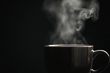 Fototapeta premium A close-up of a dark coffee cup with bright white steam rising against a black background. 