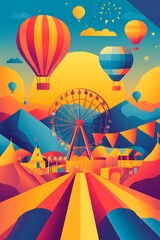 A vibrant illustration of a colorful amusement park with a Ferris wheel, hot air balloons, and colorful mountains.