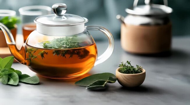 Glass teapot with herbal tea and fresh herbs like rosemary and sage on a table, surrounded by fresh and dried herbs, with kitchen items in the background.
