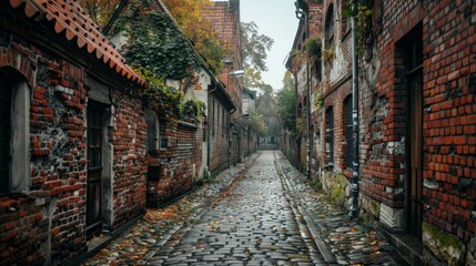 Quiet cobblestone alleyway lined with brick buildings in autumn