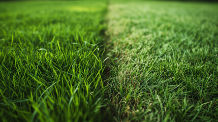 Naklejka premium Close-up of two types of green grass, a short-cut part and an uncut part.