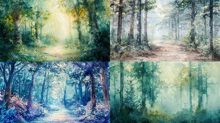 Watercolor stippling, soft pastels of woodland scenes, seamless transitions, creating a calming and natural effect
