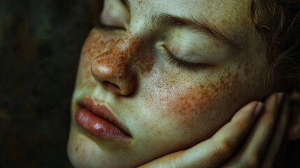 Fototapeta premium A woman with red hair and freckles is sleeping