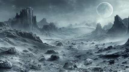 Desolate lunar landscape with towering mountains and a bright moon at night