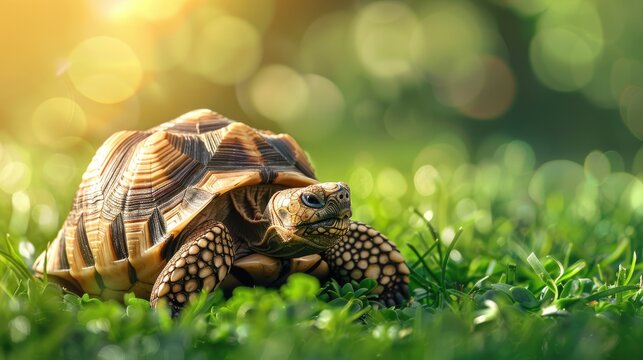 A close-up view of a tortoise slowly walking through lush green grass under warm sunlight, showcasing its unique shell patterns.