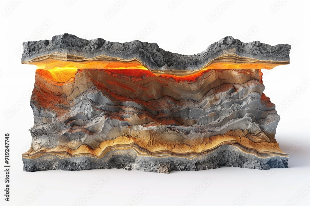 Poster a sculpture of a mountain with flames burning from within