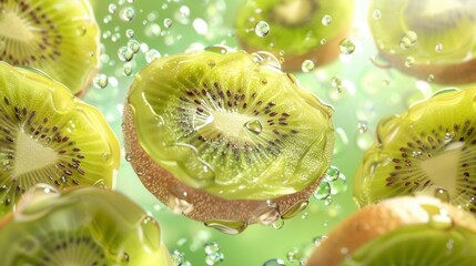 Fresh juicy kiwi fruit slices with water splash