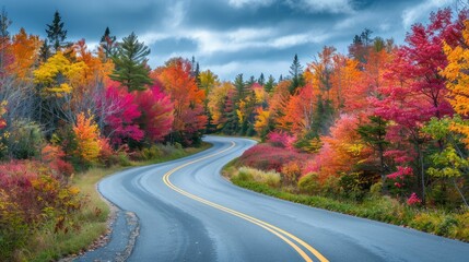 Obraz premium A winding road surrounded by vibrant autumn foliage, showcasing a picturesque landscape of fall colors under a moody sky.