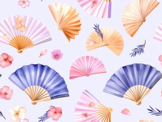 Oriental fans with colorful patterns and delicate folds are presented in a seamless watercolor style. 
