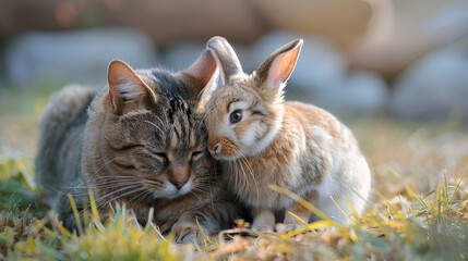 Obraz premium cute cat and rabbit with the same fur color
