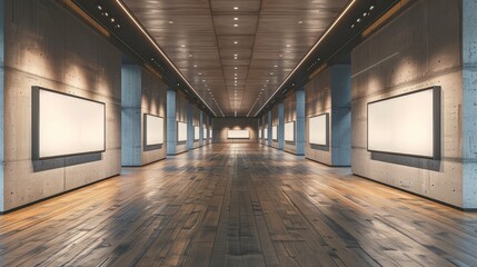 Obraz premium Modern art gallery interior with empty canvases and wooden flooring during daytime