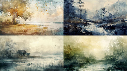 Watercolor washed-out texture on weathered landscapes, muted tones, and tranquil natural scenes 