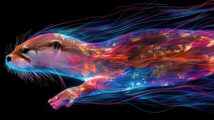 Dynamic Electric Otter - Neon Artwork of Playful Otter in Vibrant Colors on Black Background