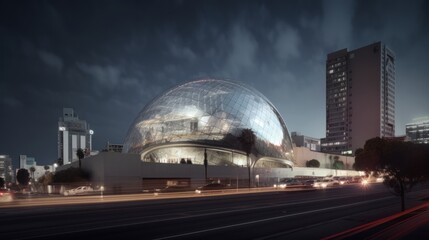 Naklejka premium Modern Glass Dome Building with Cityscape and Traffic Lights at Night