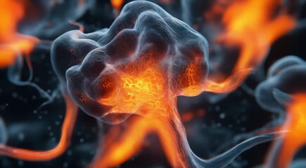 Close-up depiction of neural network activity with glowing synapses and neurons in a dark background, highlighting brain and neural connections.