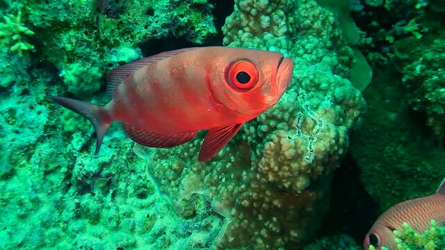 Close-up of Moontail bullseye (Priacanthus hamrur) against a coral reef background.