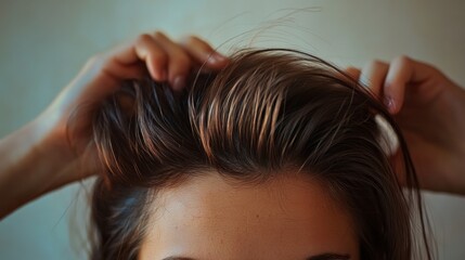 Fototapeta premium A woman with long brown hair is brushing her hair