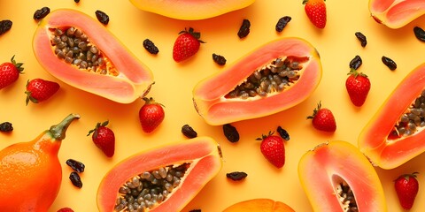 Yellow Background with Halved Papaya, Strawberries and Raisins