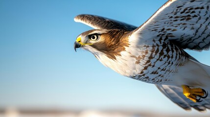 Fototapeta premium A close-up of a hawk in mid-flight, wings spread wide with feathers detailed, against a backdrop of a clear blue sky