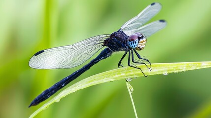 A close-up of a dragonfly perched on a blade of grass, with the intricate details of its wings and the dewdrops clinging to the grass in sharp focus