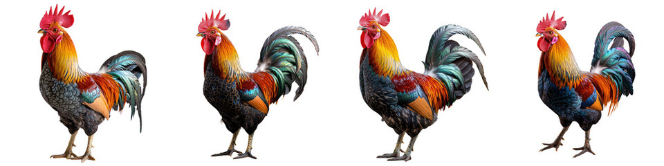 Fototapeta premium Majestic rooster isolated on a transparent background - Featuring vibrant, rich colors in its feathers, with a striking comb and proud posture - Clean and detailed composition with soft, even lighting