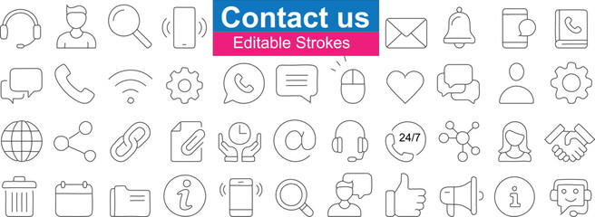 Contact us icon set, editable stroke, communication symbols, customer service, phone, email, chat, heart, bell, global, settings, social media, support, connection, 24/7 service, engagement