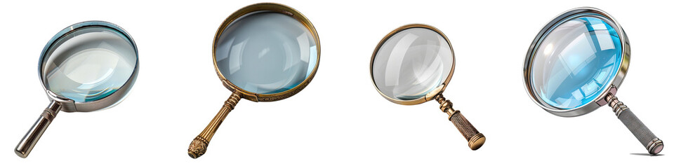 Magnifier - A close-up view of a magnifier lens resting on a plain, transparent background, showcasing its reflective surface and intricate handle design