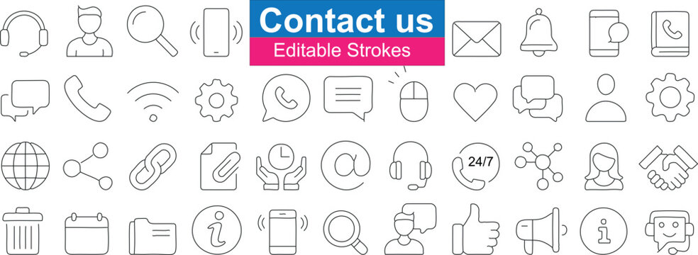 Contact us icon set, editable stroke, communication symbols, customer service, phone, email, chat, heart, bell, global, settings, social media, support, connection, 24/7 service, engagement - Powered by Adobe