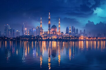 Naklejka premium Mosque and Cityscape Reflected in Calm Water