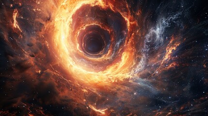 Cosmic vortex of flames and stars in deep space at twilight