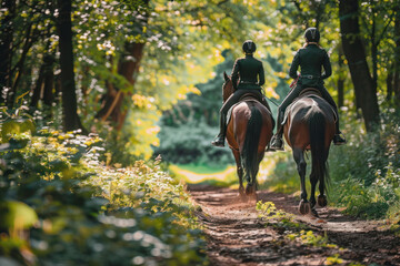 Couple Horseback Riding on Forested Trail with Dappled Sunlight, Capturing the Peaceful and Serene Atmosphere of an Outdoor Adventure in Nature