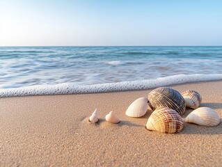 Obraz premium A serene beach at sunrise, with gentle waves lapping at the shore, and seashells scattered in the sand