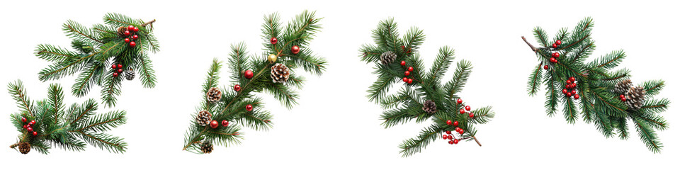 tree branch isolated on a transparent background - Featuring lush, green pine needles with festive decorations - Clean and detailed composition with soft, even lighting - Studio photography highlighti