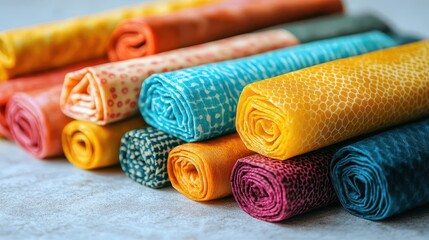 A set of reusable beeswax wraps in vibrant colors, folded neatly on a white surface, showcasing eco-friendly food storage options.