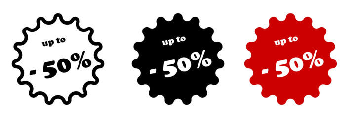 Up to 50 percent off Sale. sticker badge with offer. Discount offer price sign. Special offer symbol. Save 50 percentages. Paper label banner. Discount tag adhesive tag. Vector