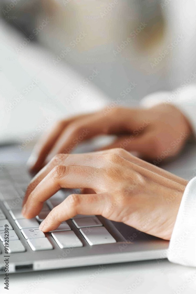 Poster close-up of a person working on their laptop, with focus on hands and keyboard