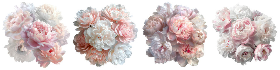 A bouquet of peony flowers with delicate, full blooms and soft petals, isolated on a transparent background - The flowers are in various shades of pink and white - Soft, natural lighting to enhance th
